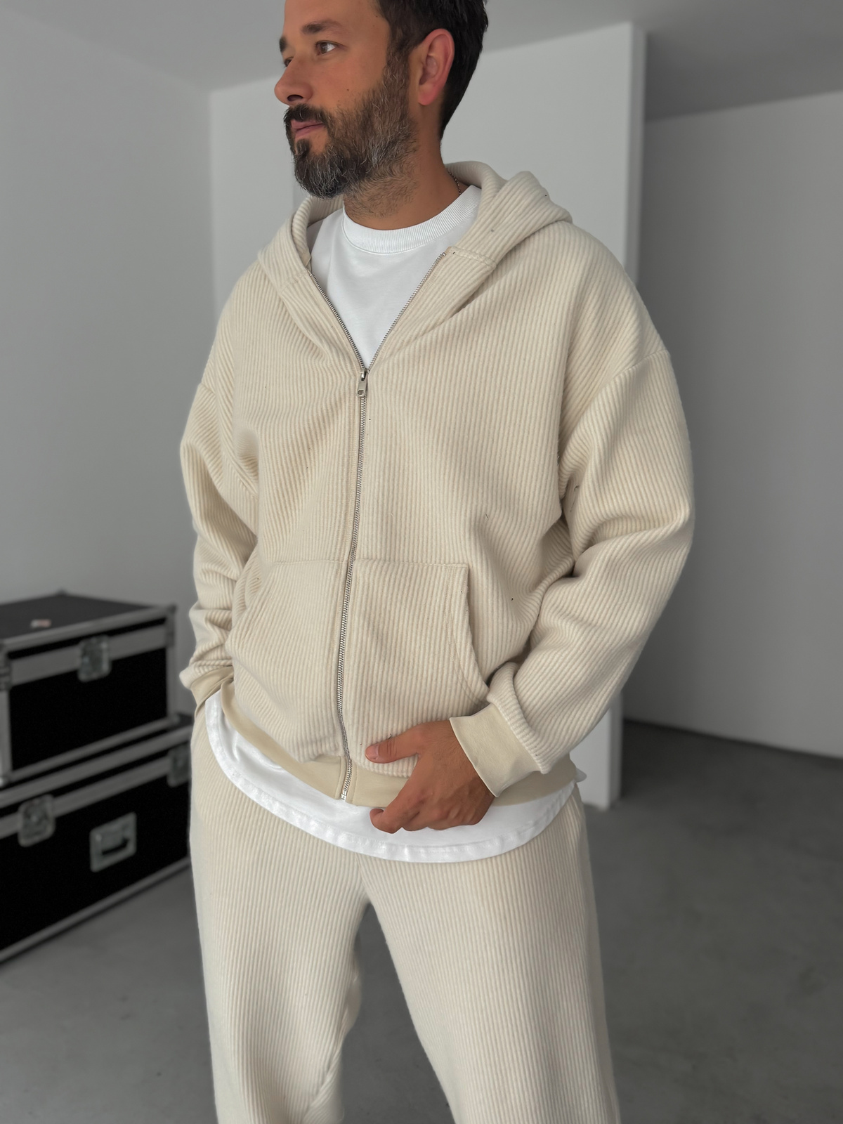Bej Jakarlı Kapüşonlu Sweatshirt HM-0013