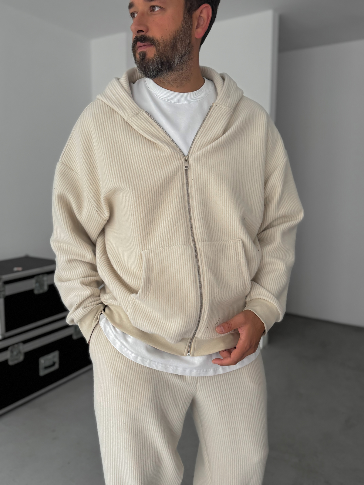 Bej Jakarlı Kapüşonlu Sweatshirt HM-0013