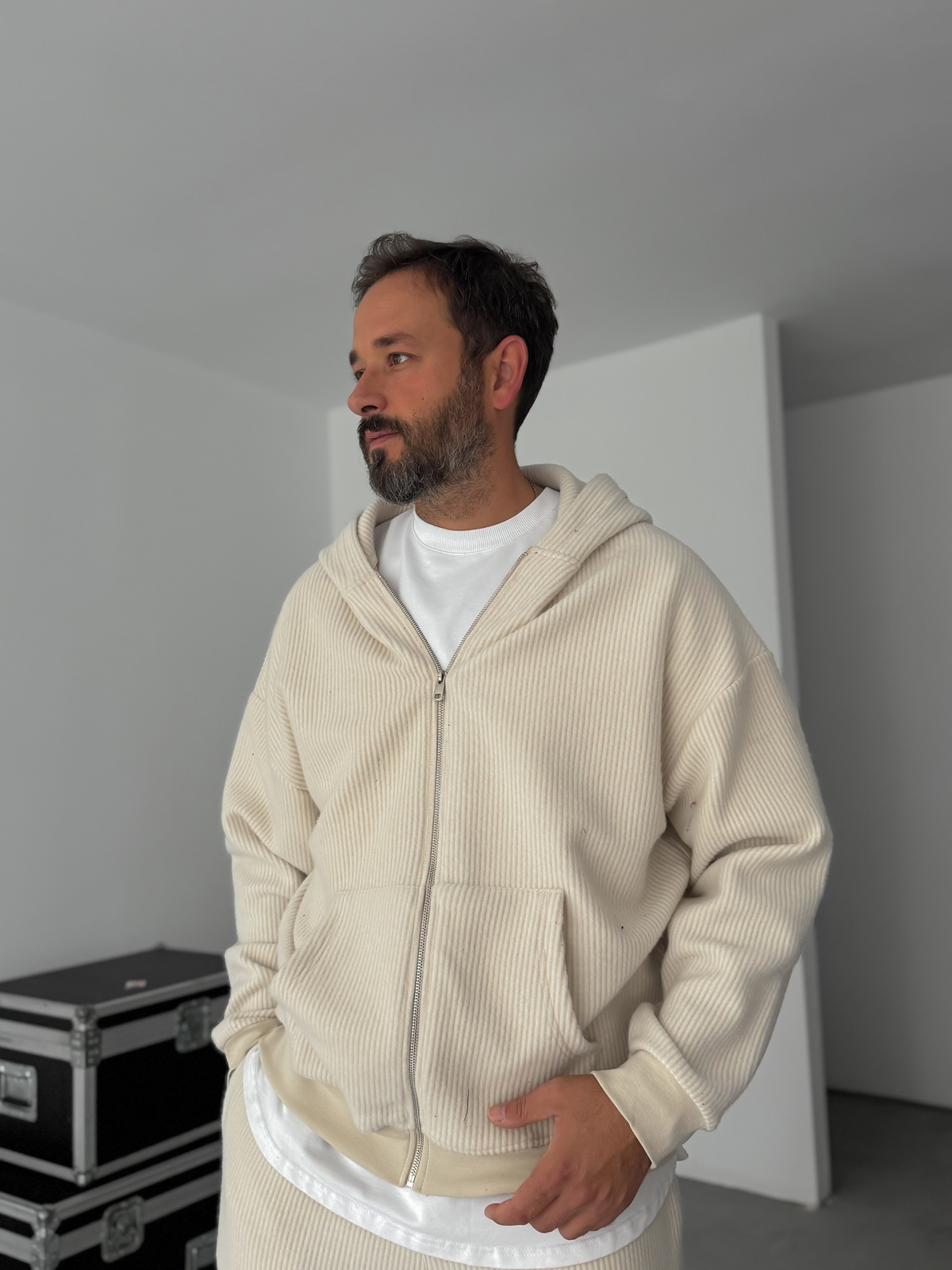 Bej Jakarlı Kapüşonlu Sweatshirt HM-0013