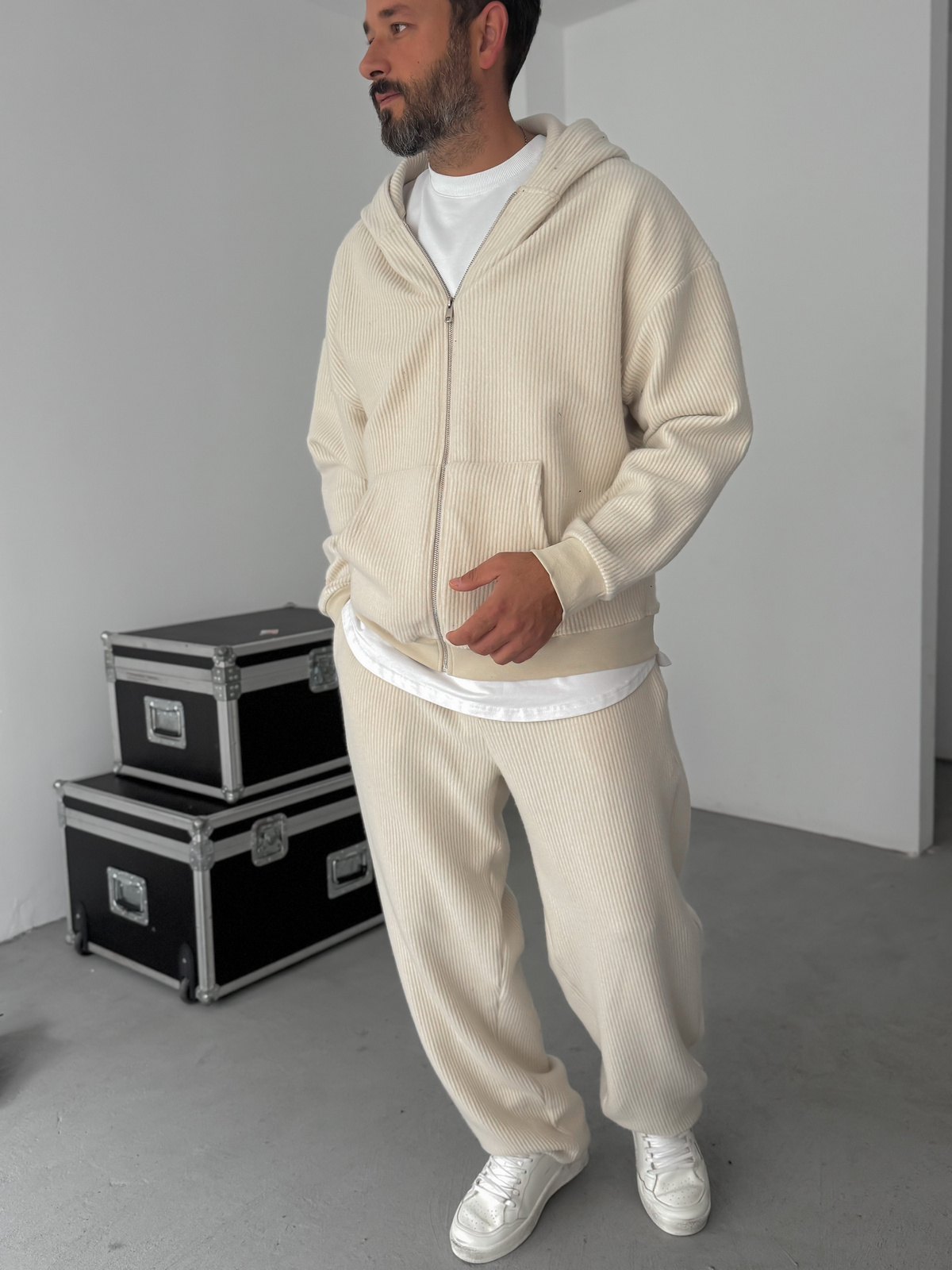 Bej Jakarlı Kapüşonlu Sweatshirt HM-0013