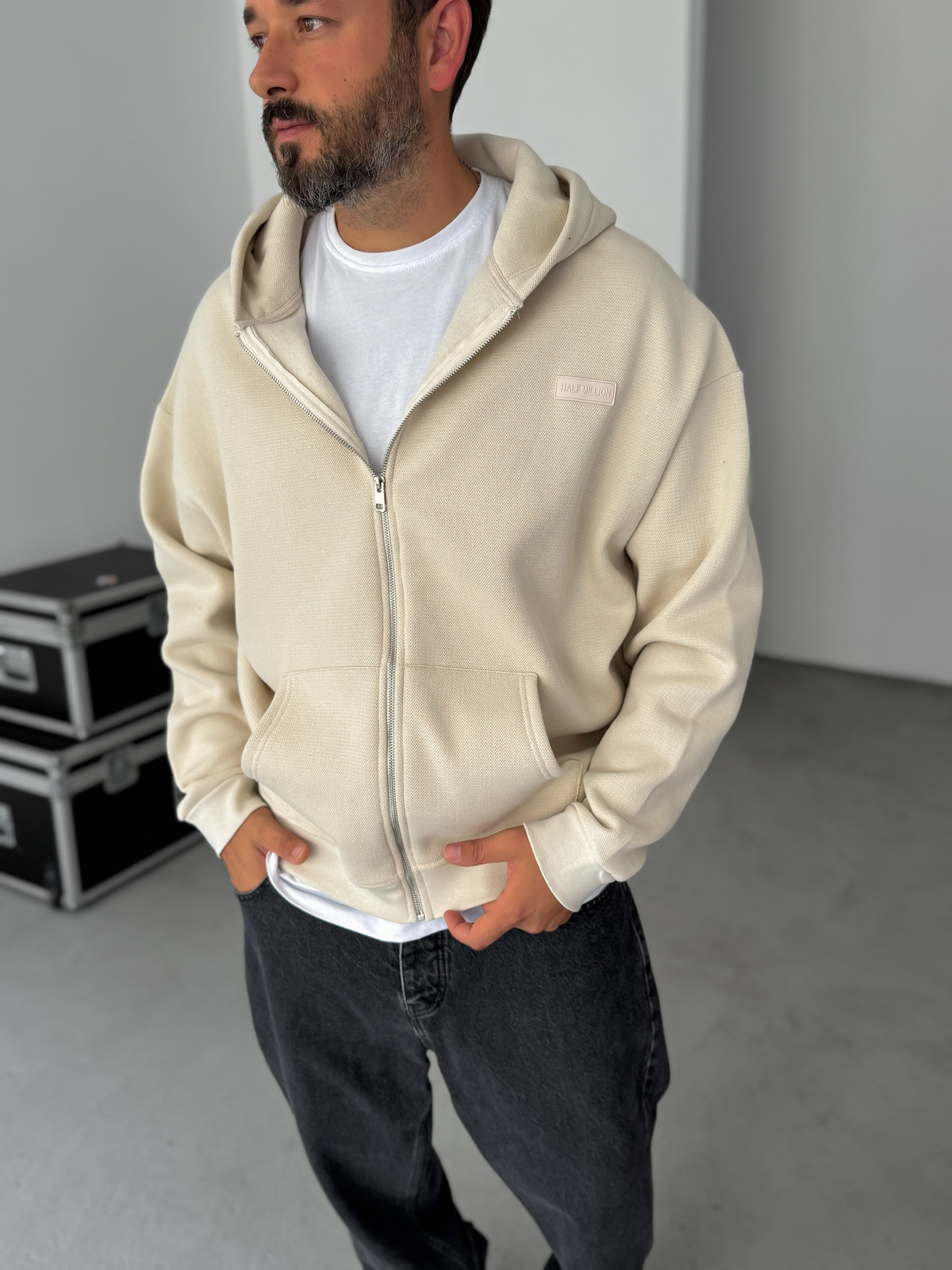 Bej Waffle Fermuarlı Kapüşonlu Sweat HM-0012