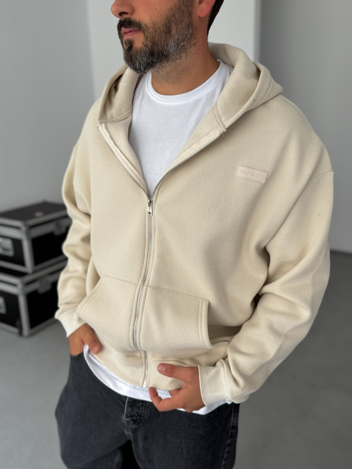 Bej Waffle Fermuarlı Kapüşonlu Sweat HM-0012