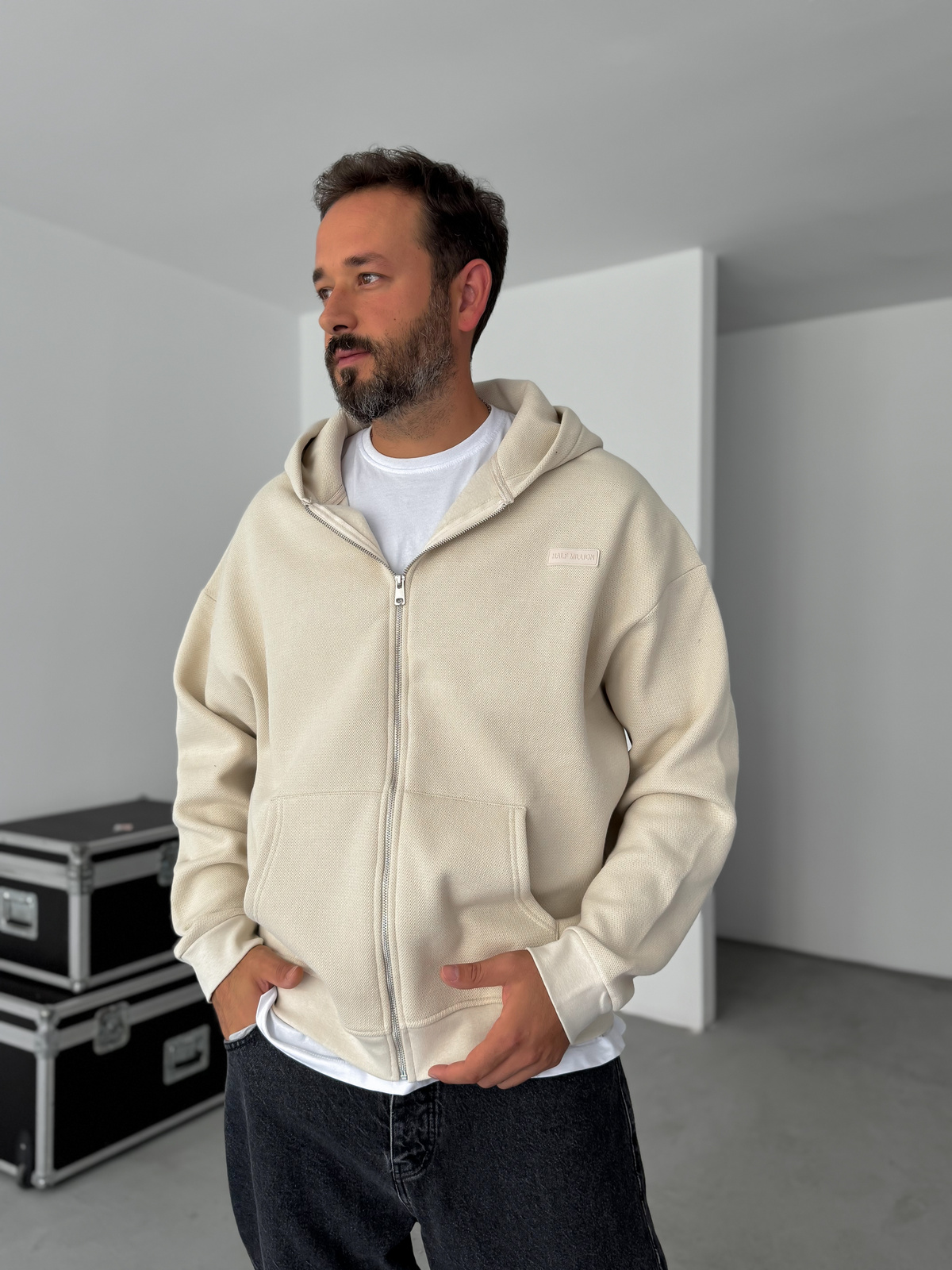 Bej Waffle Fermuarlı Kapüşonlu Sweat HM-0012
