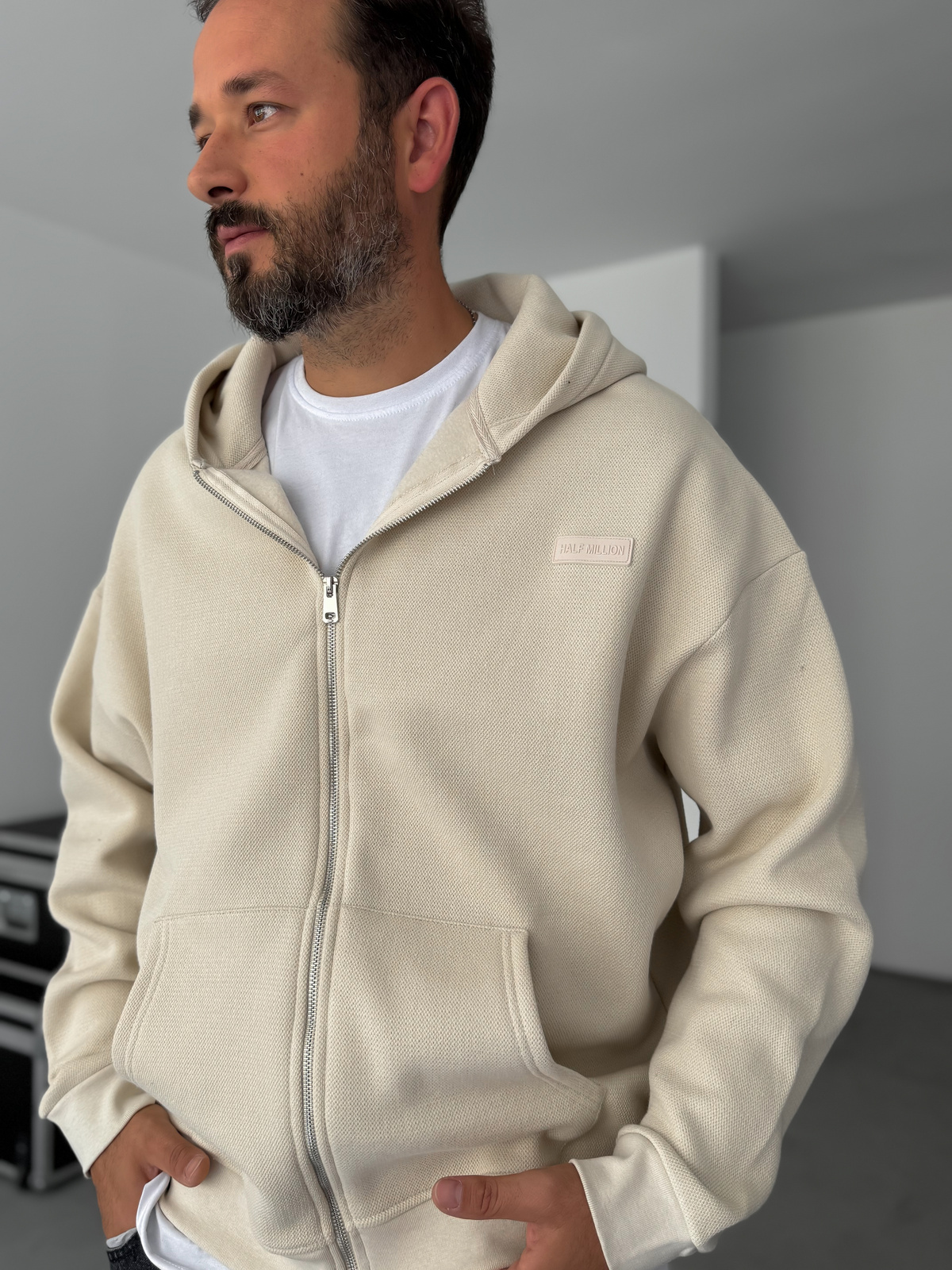Bej Waffle Fermuarlı Kapüşonlu Sweat HM-0012