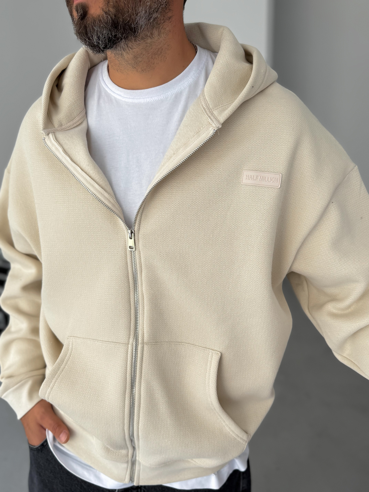 Bej Waffle Fermuarlı Kapüşonlu Sweat HM-0012