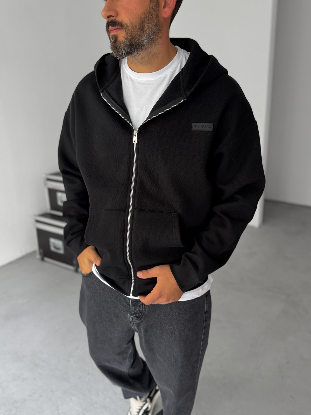 Siyah Waffle Fermuarlı Kapüşonlu Sweat HM-0012
