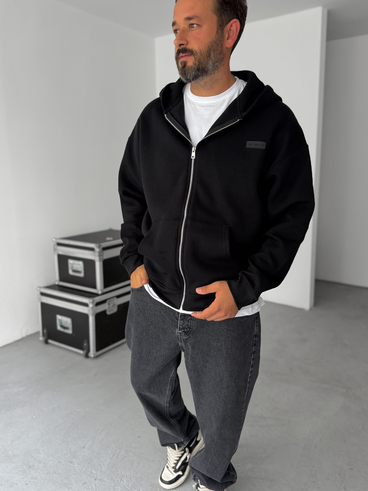 Siyah Waffle Fermuarlı Kapüşonlu Sweat HM-0012