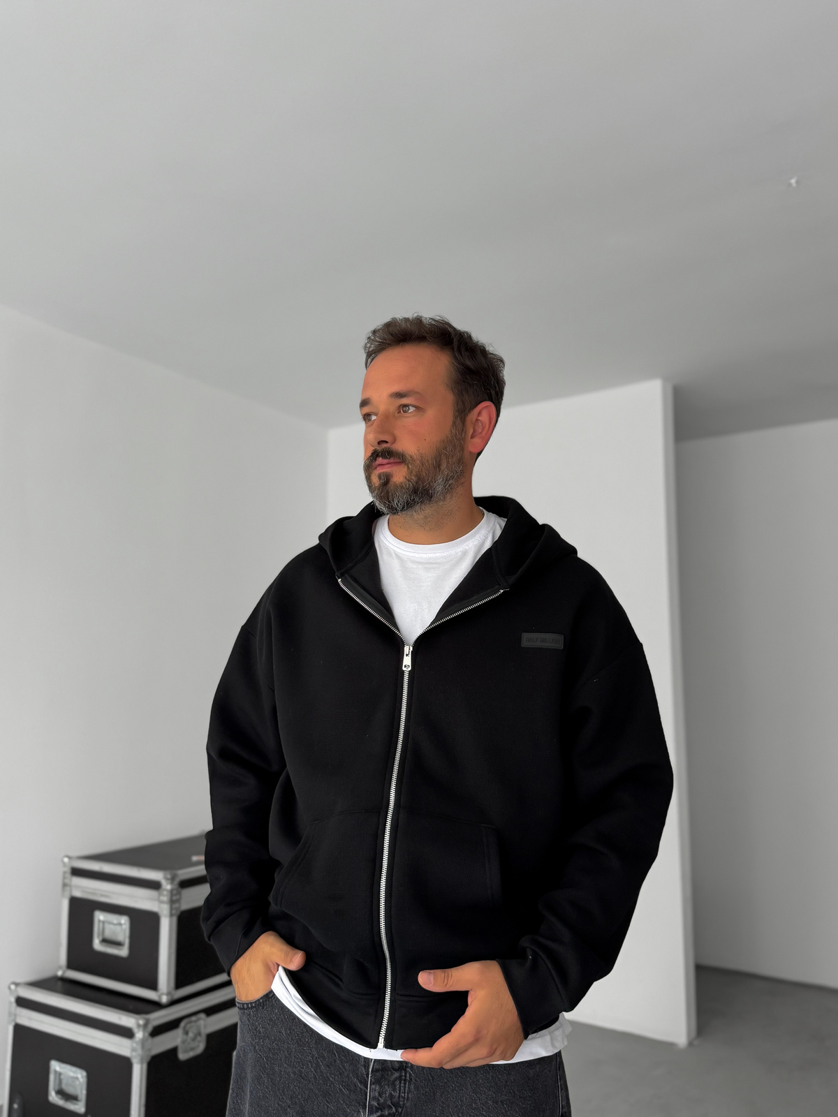 Siyah Waffle Fermuarlı Kapüşonlu Sweat HM-0012