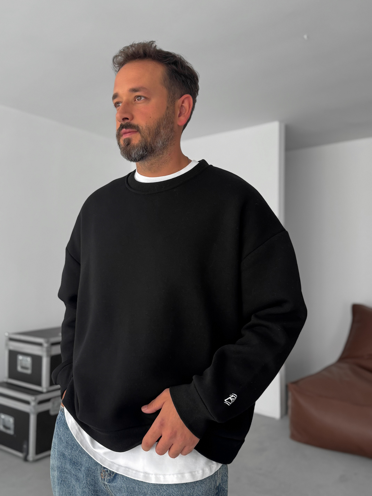 Siyah BB Nakışlı Basic Oversize Sweatshirt BY