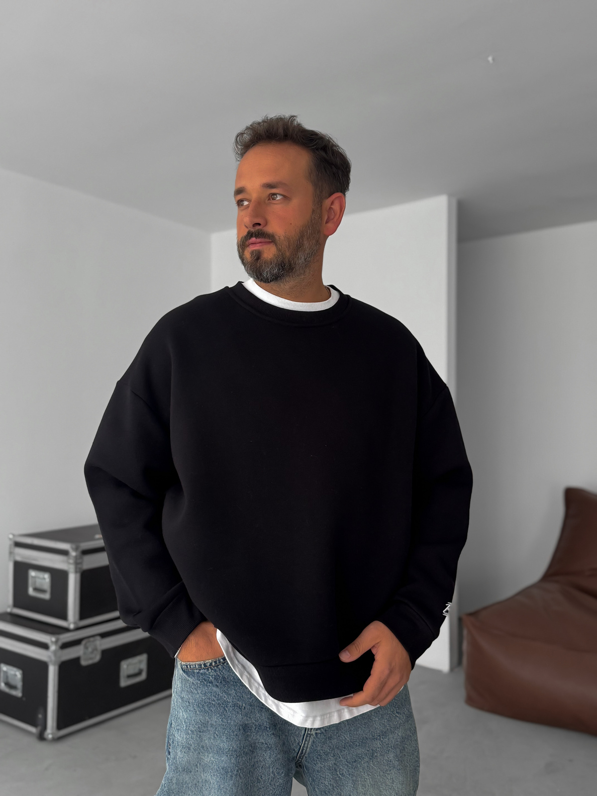 Siyah BB Nakışlı Basic Oversize Sweatshirt BY