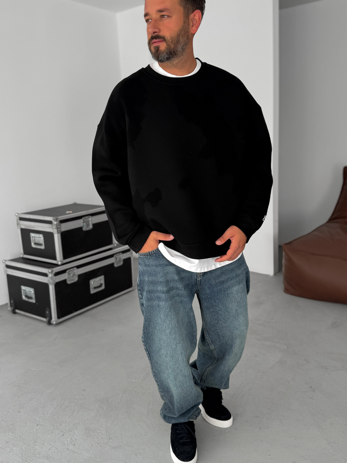 Siyah BB Nakışlı Basic Oversize Sweatshirt BY