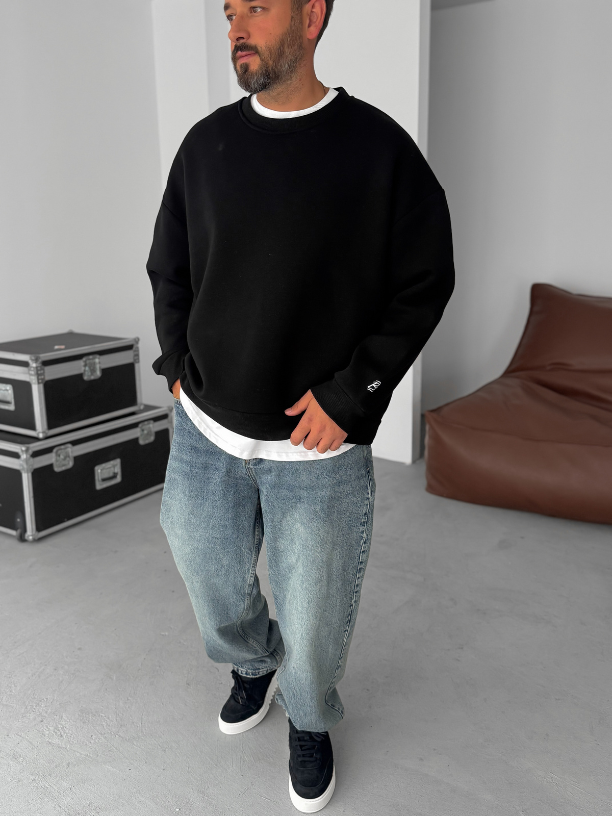 Siyah BB Nakışlı Basic Oversize Sweatshirt BY