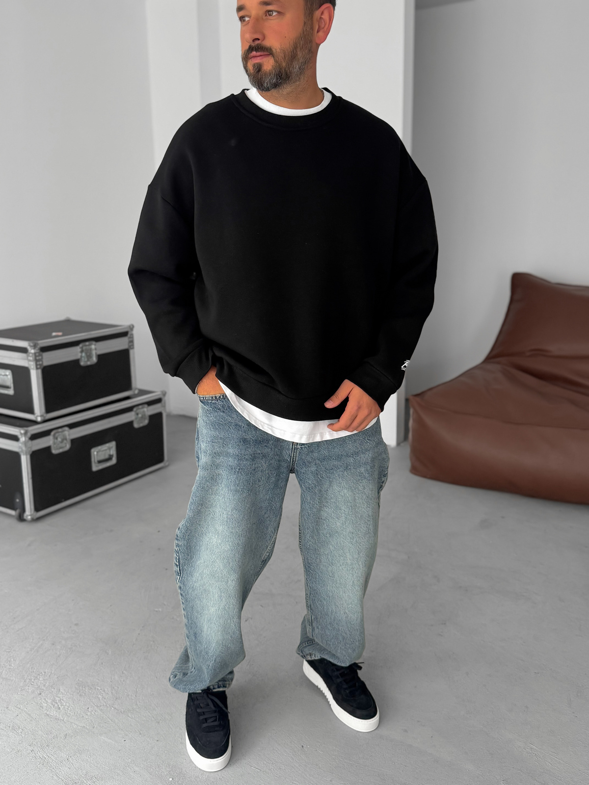 Siyah BB Nakışlı Basic Oversize Sweatshirt BY