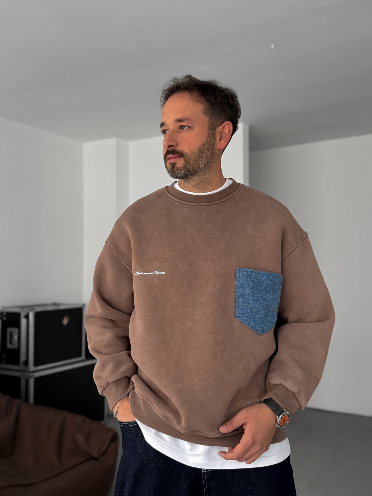 Kahve Önü Kot Cepli Sweatshirt BRY-80-12