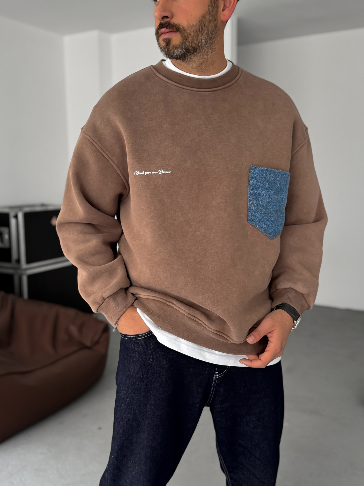 Kahve Önü Kot Cepli Sweatshirt BRY-80-12