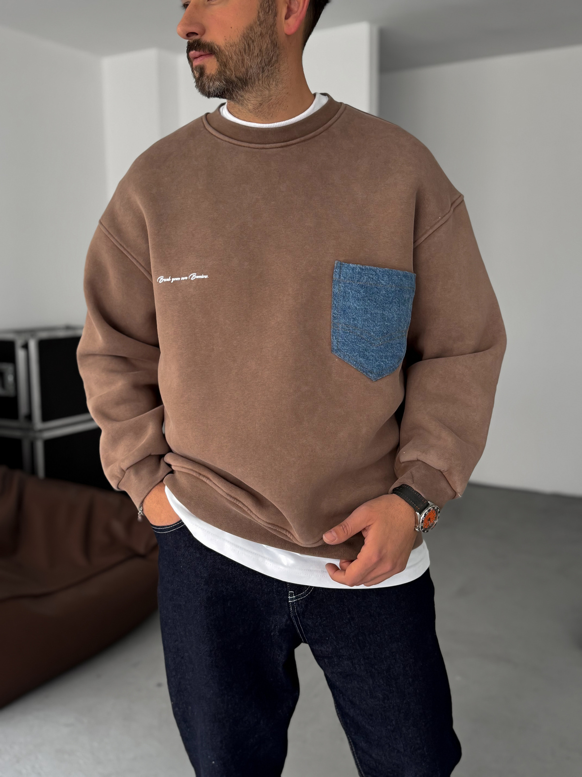 Kahve Önü Kot Cepli Sweatshirt BRY-80-12