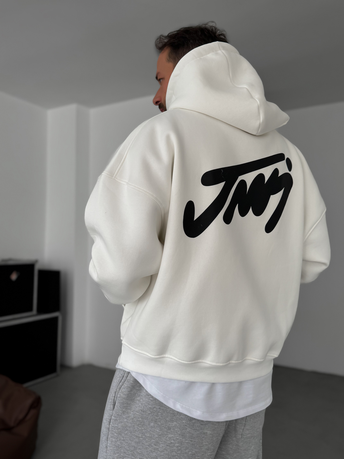 Beyaz Basic Baskılı Kapüşonlu Sweatshirt JJ-101