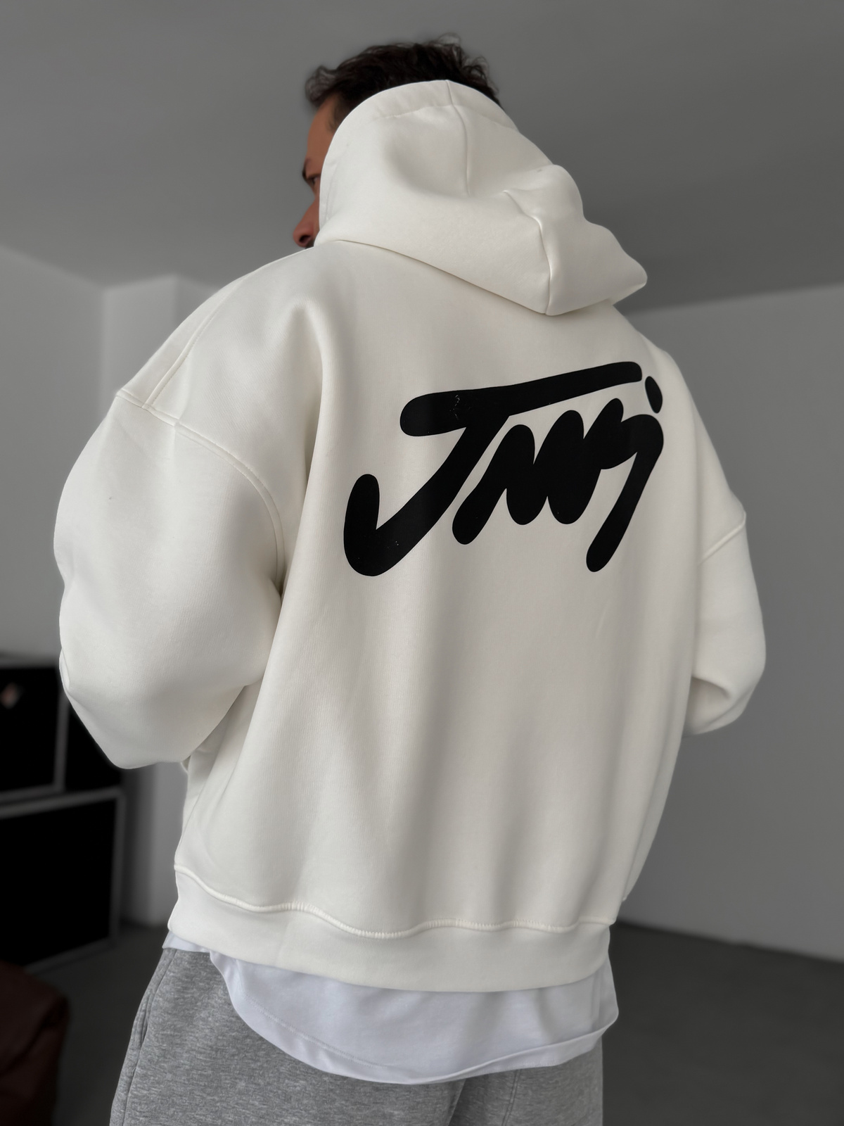 Beyaz Basic Baskılı Kapüşonlu Sweatshirt JJ-101