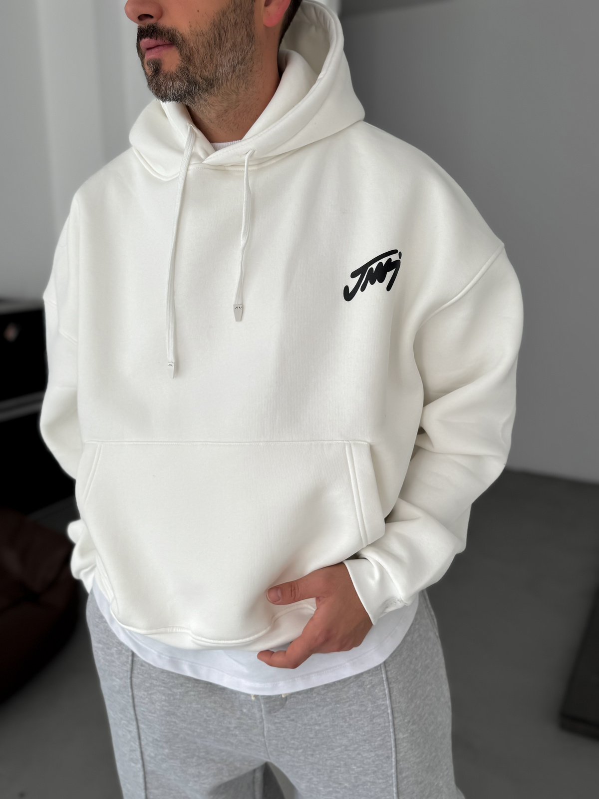 Beyaz Basic Baskılı Kapüşonlu Sweatshirt JJ-101