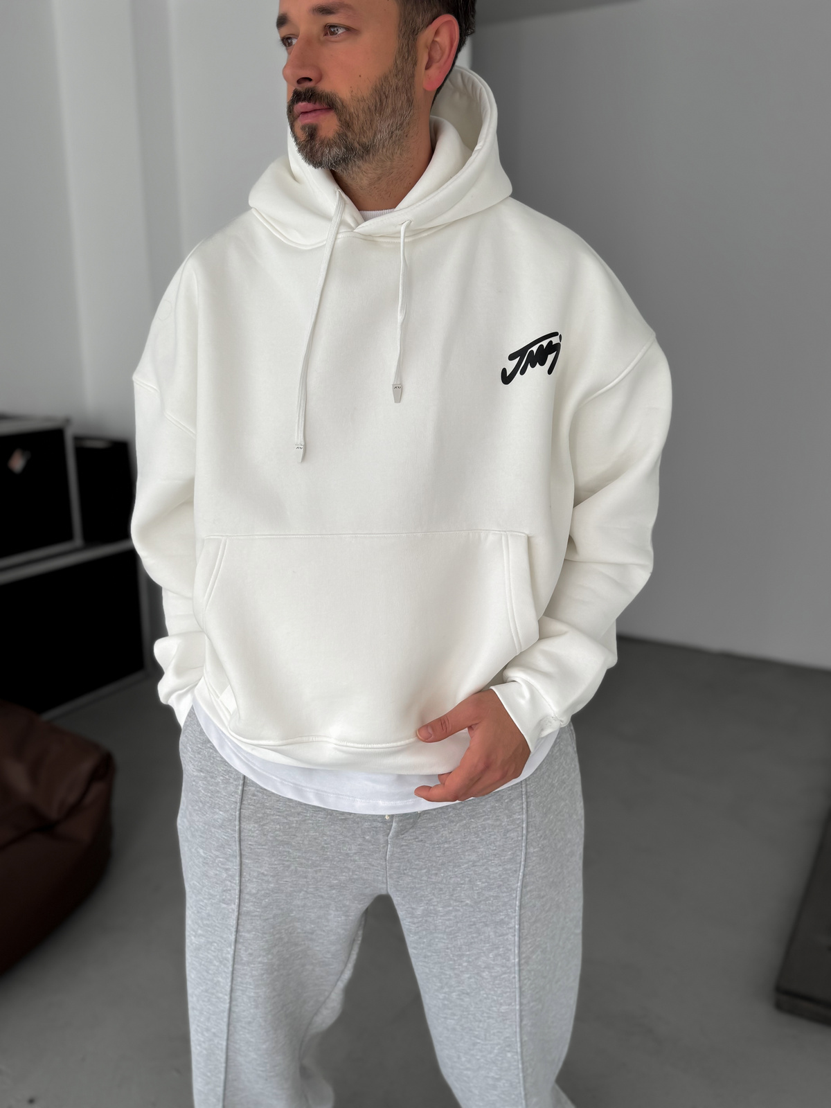 Beyaz Basic Baskılı Kapüşonlu Sweatshirt JJ-101