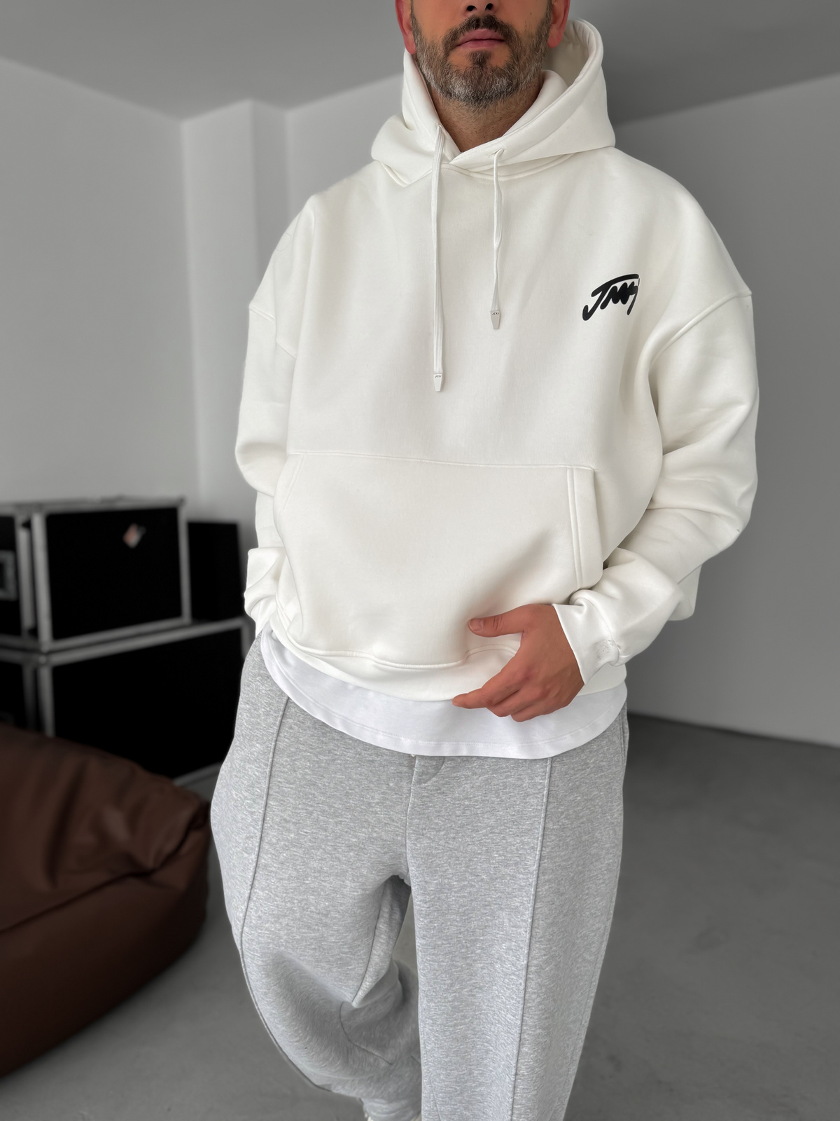 Beyaz Basic Baskılı Kapüşonlu Sweatshirt JJ-101