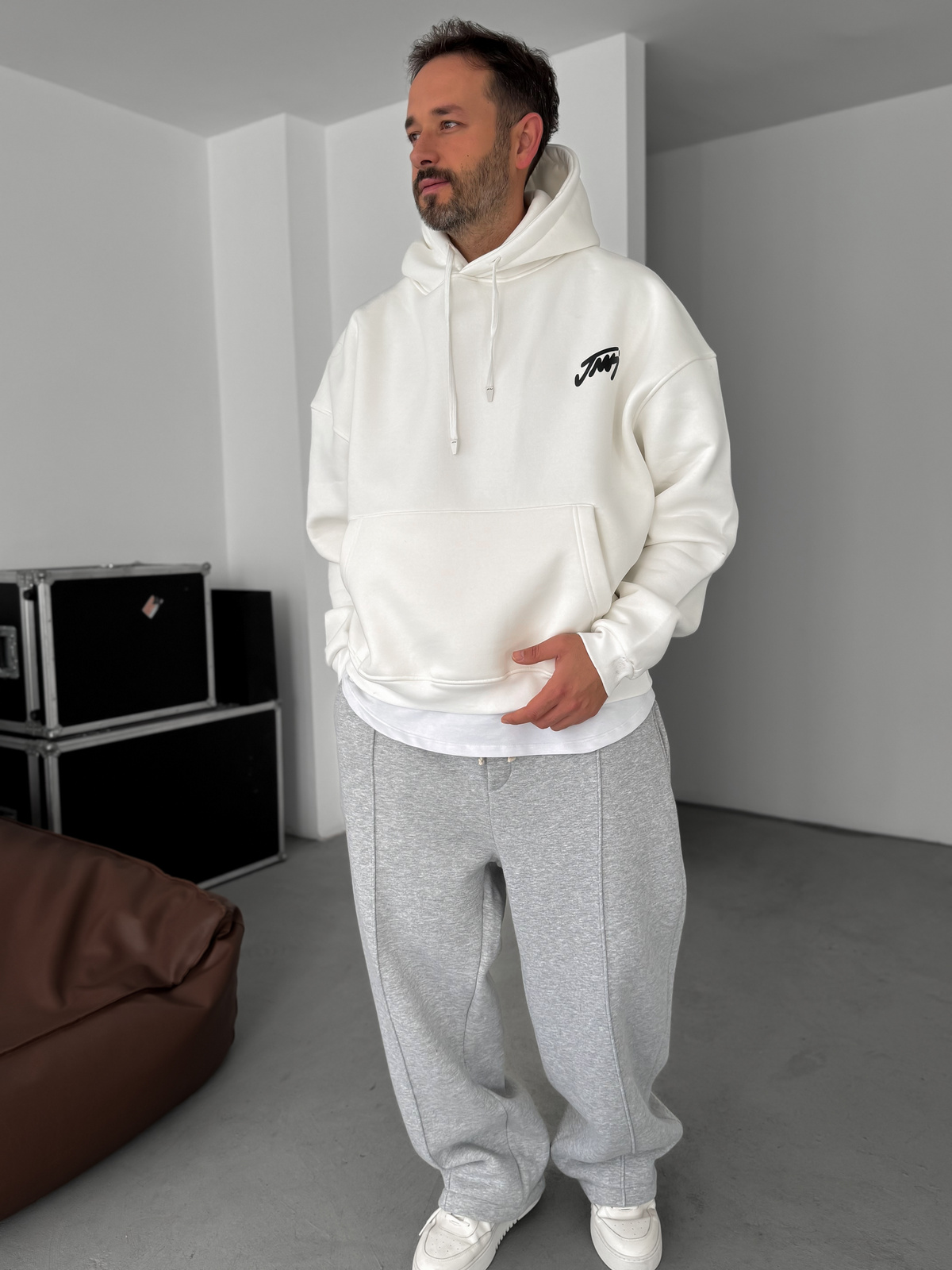 Beyaz Basic Baskılı Kapüşonlu Sweatshirt JJ-101