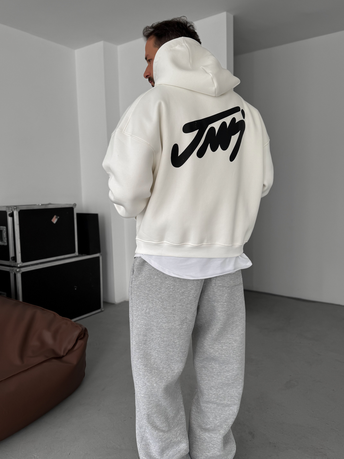 Beyaz Basic Baskılı Kapüşonlu Sweatshirt JJ-101