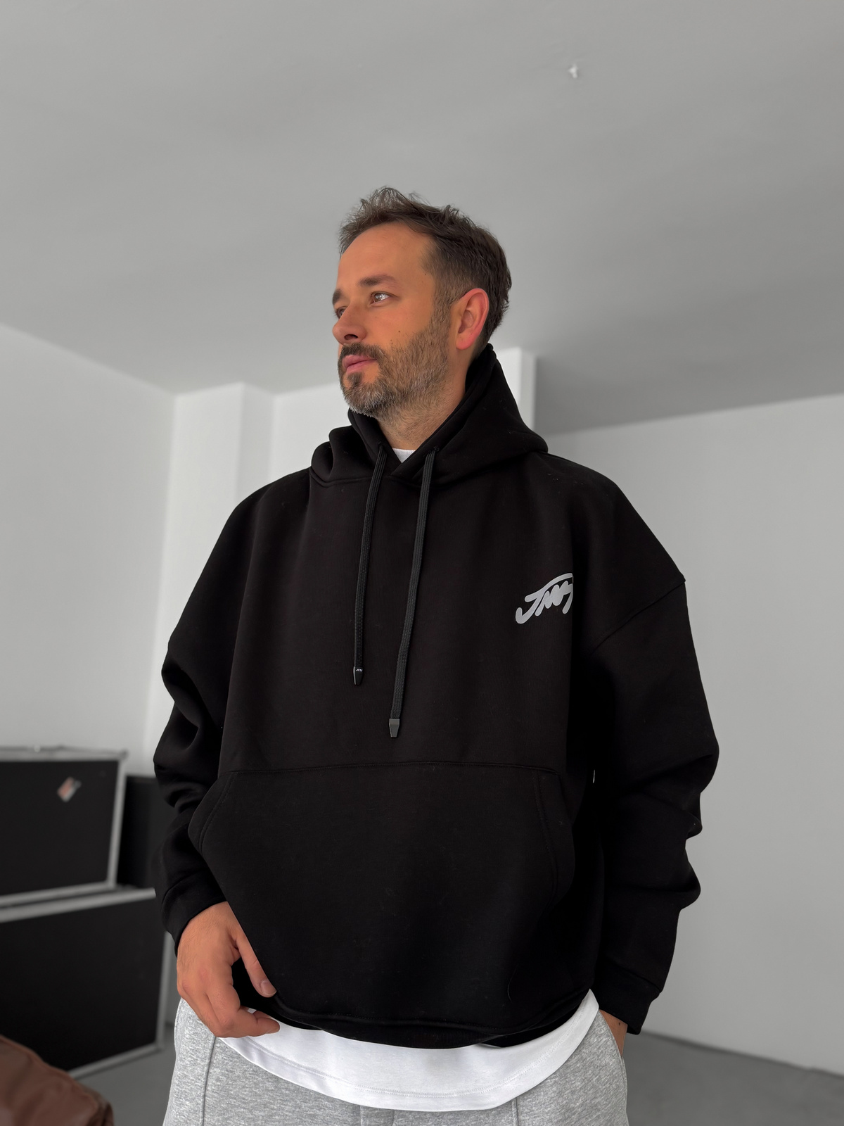 Siyah Basic Baskılı Kapüşonlu Sweatshirt JJ-101