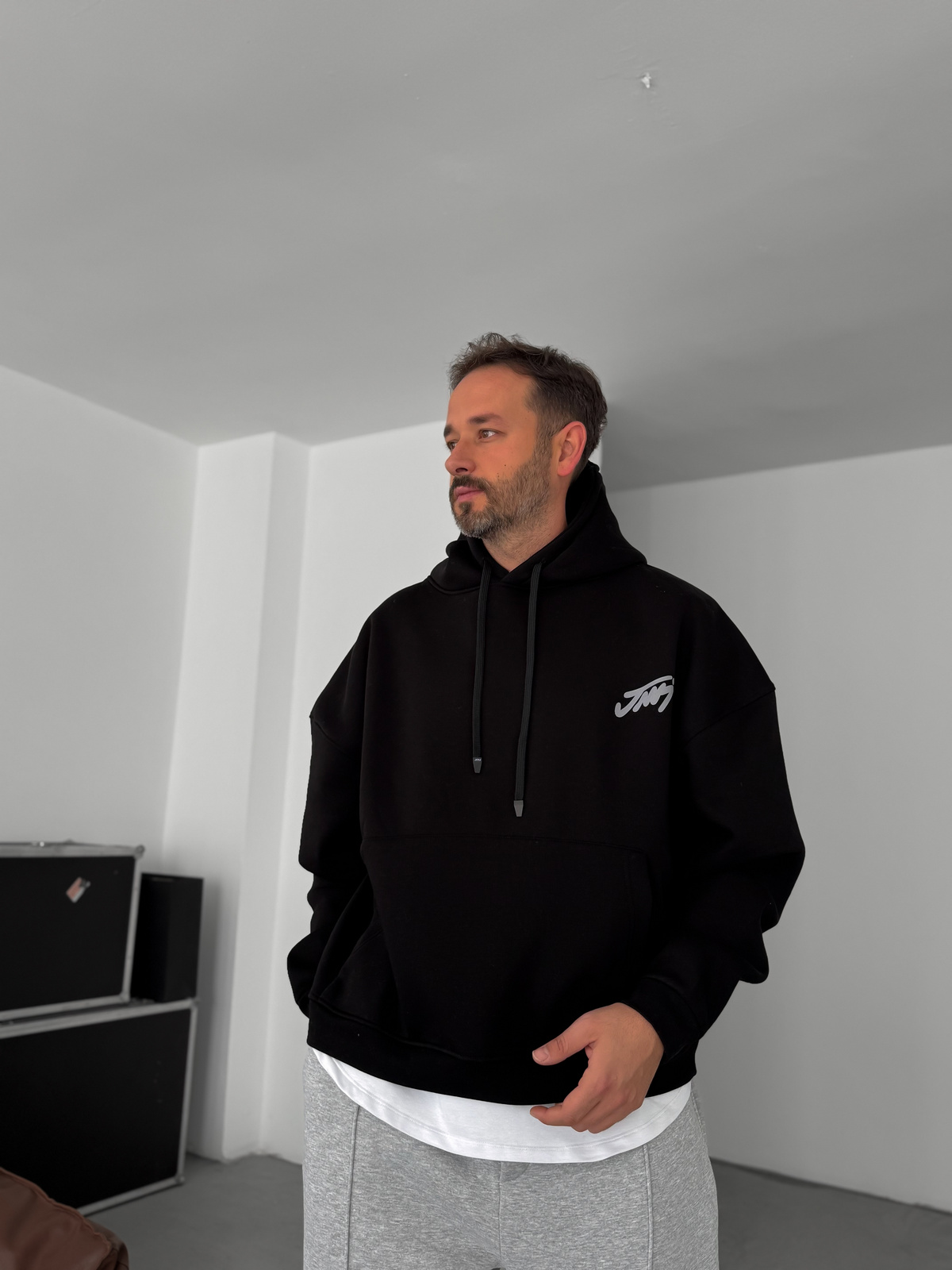 Siyah Basic Baskılı Kapüşonlu Sweatshirt JJ-101