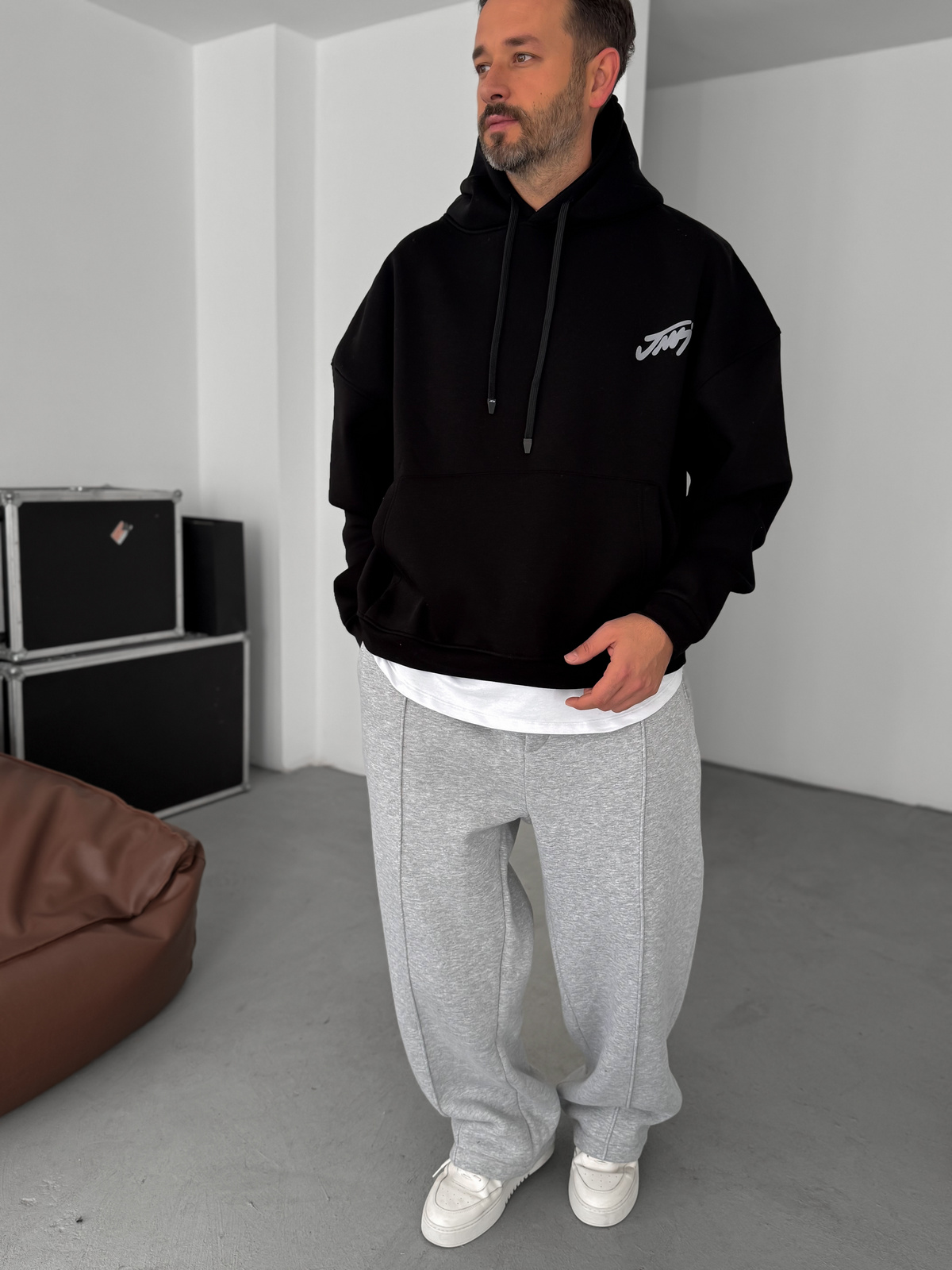Siyah Basic Baskılı Kapüşonlu Sweatshirt JJ-101