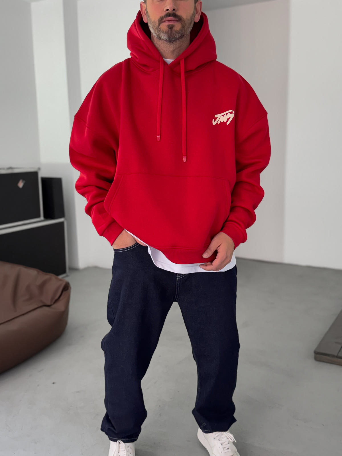 Kırmızı Basic Baskılı Kapüşonlu Sweatshirt JJ-101