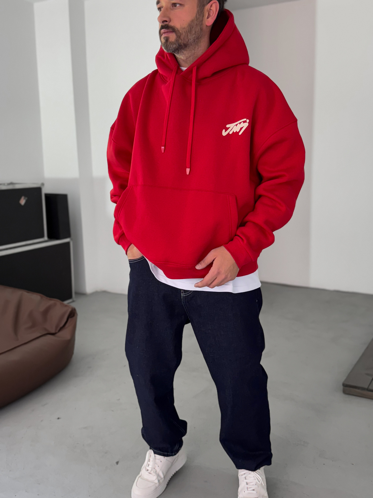 Kırmızı Basic Baskılı Kapüşonlu Sweatshirt JJ-101