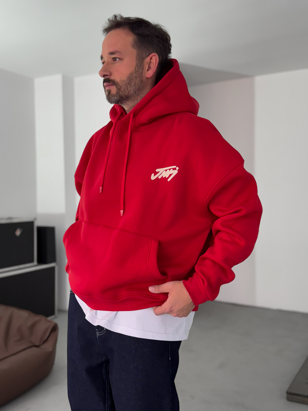 Kırmızı Basic Baskılı Kapüşonlu Sweatshirt JJ-101