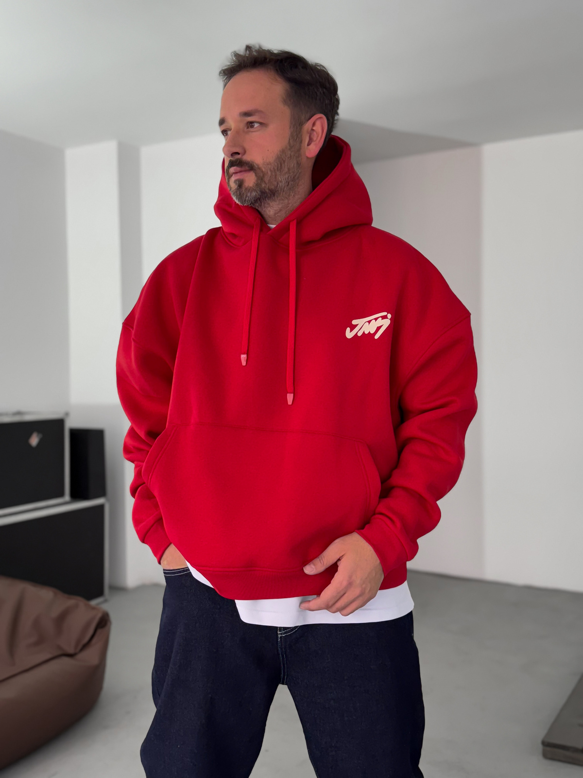 Kırmızı Basic Baskılı Kapüşonlu Sweatshirt JJ-101