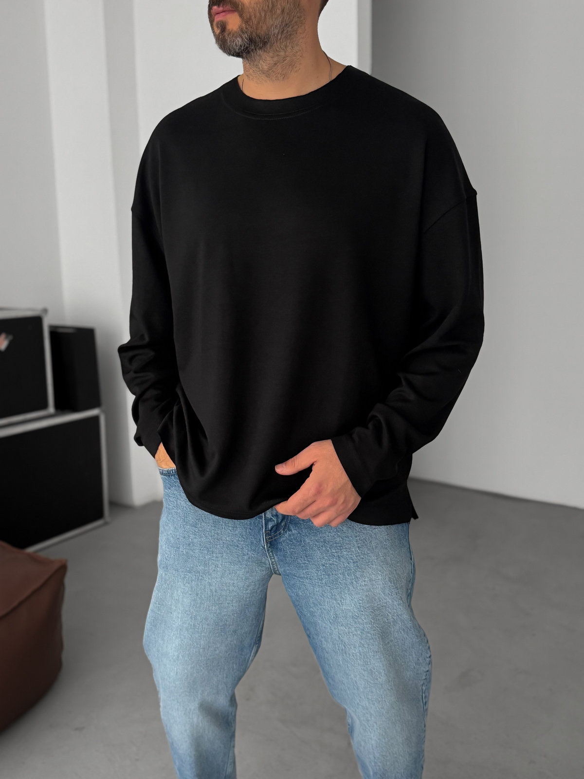 Siyah Modal Kumaş Likralı Oversize Sweatshirt By