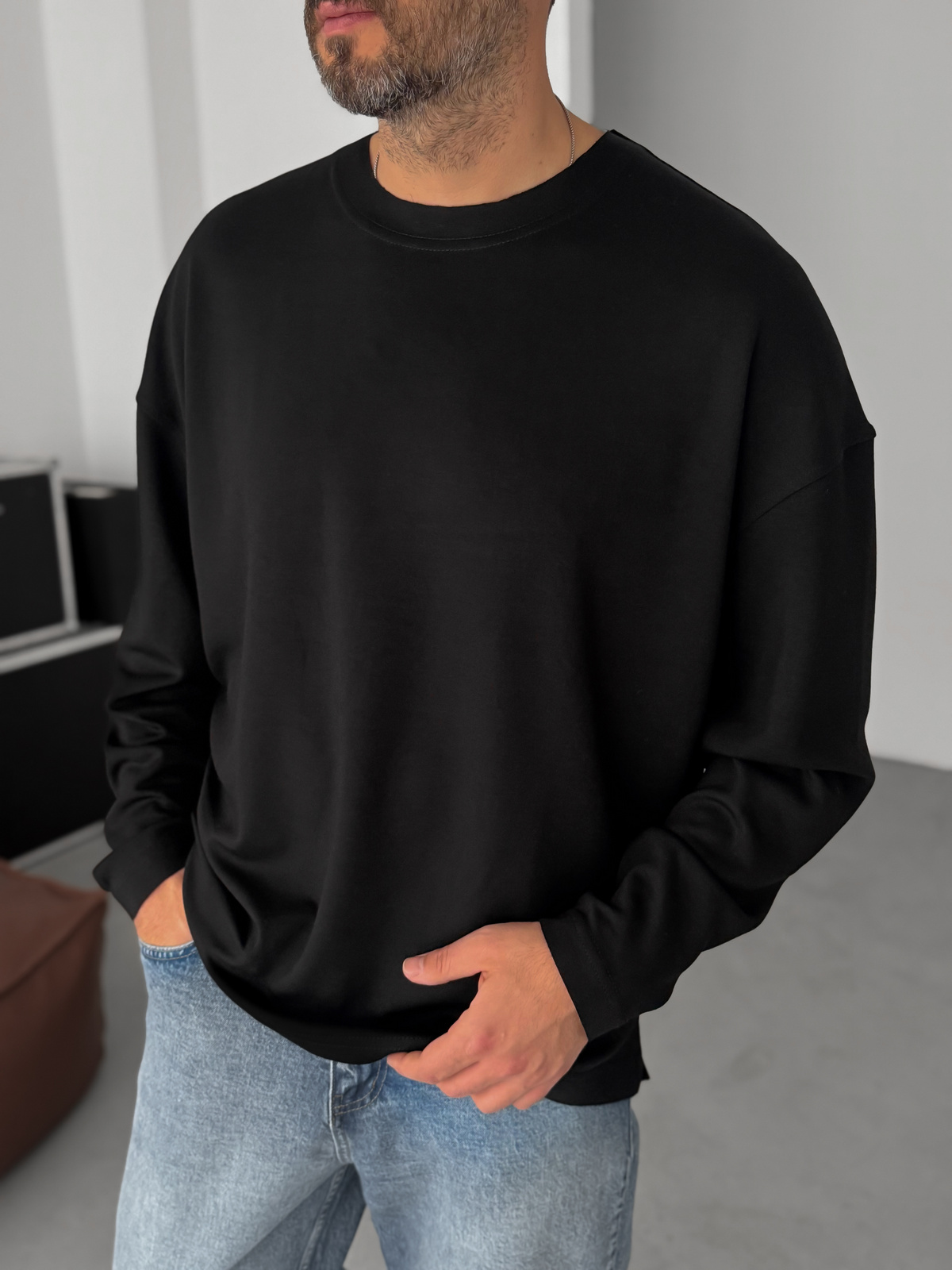 Siyah Modal Kumaş Likralı Oversize Sweatshirt By