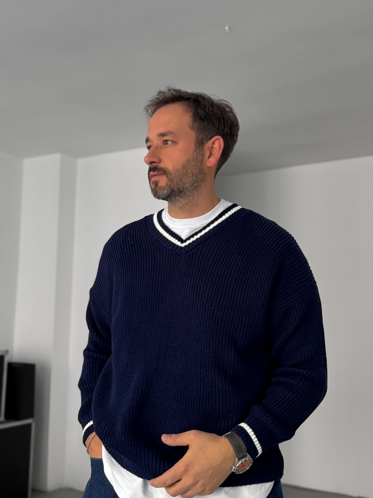 Lacivert V Yaka Triko Sweatshirt PM