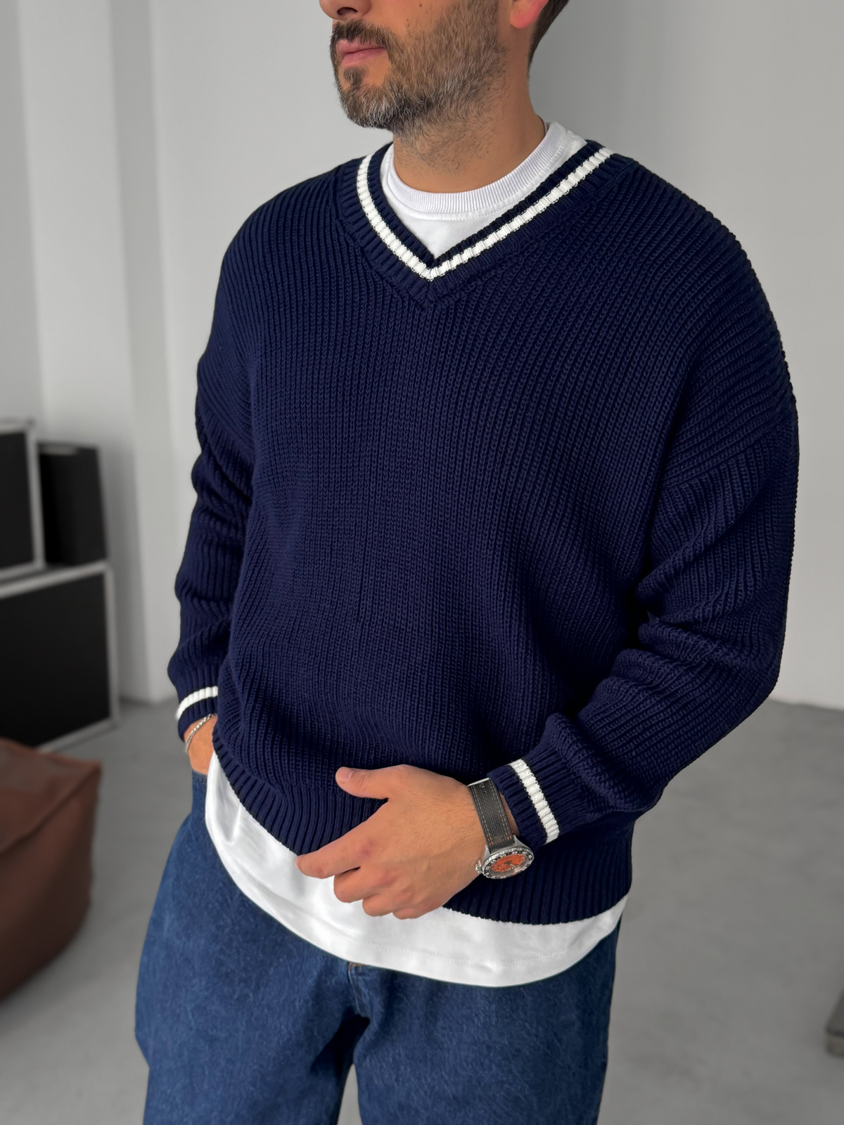 Lacivert V Yaka Triko Sweatshirt PM
