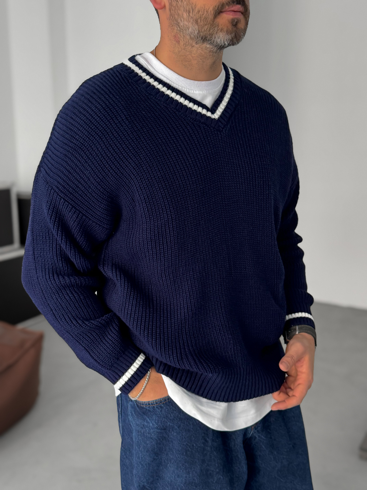 Lacivert V Yaka Triko Sweatshirt PM