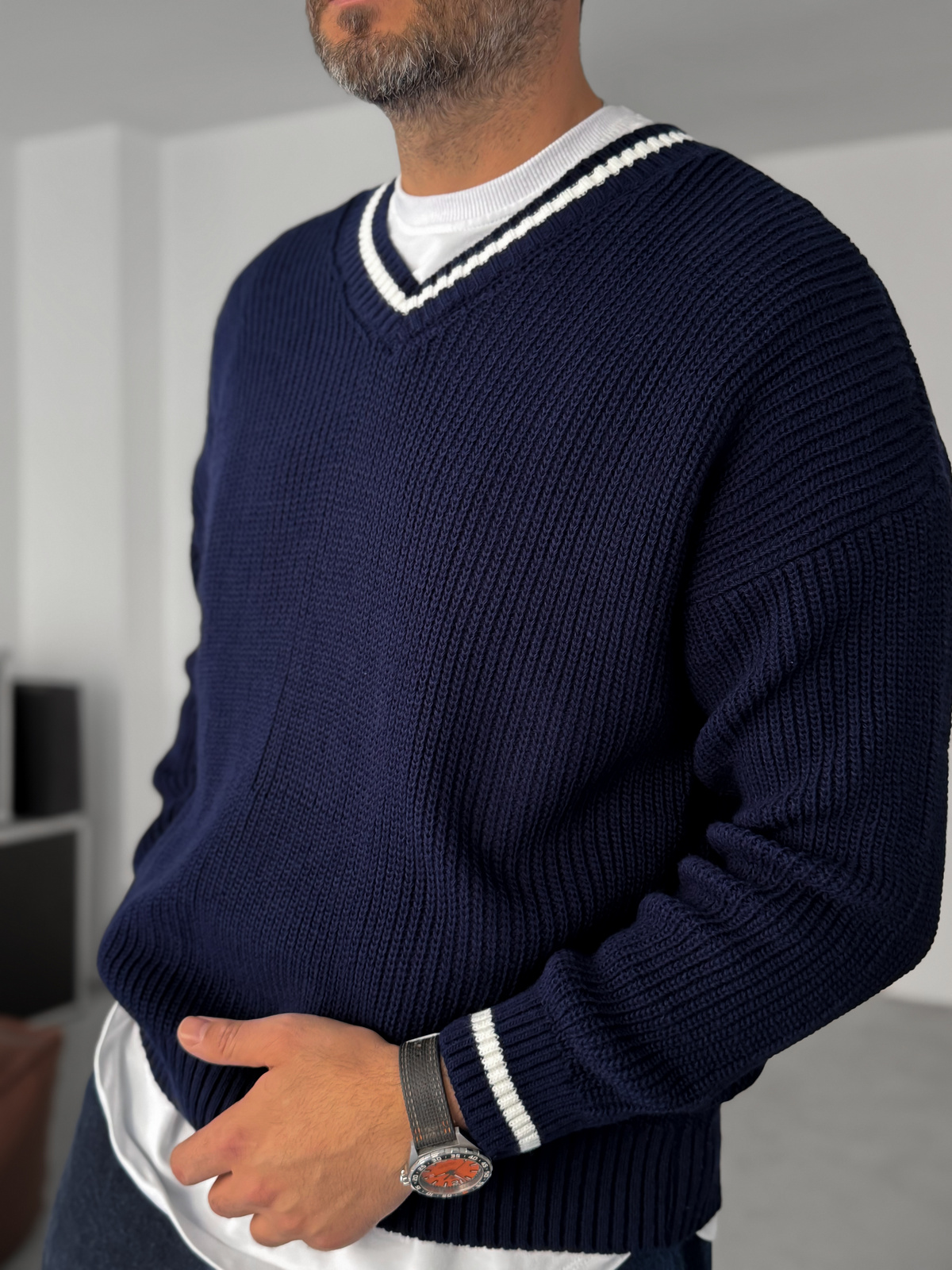 Lacivert V Yaka Triko Sweatshirt PM