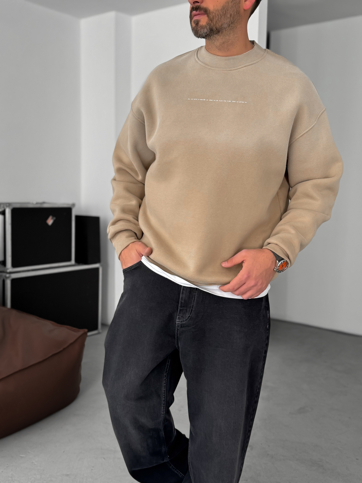Bej Decide Baskılı Yıkamalı Sweatshirt C-031