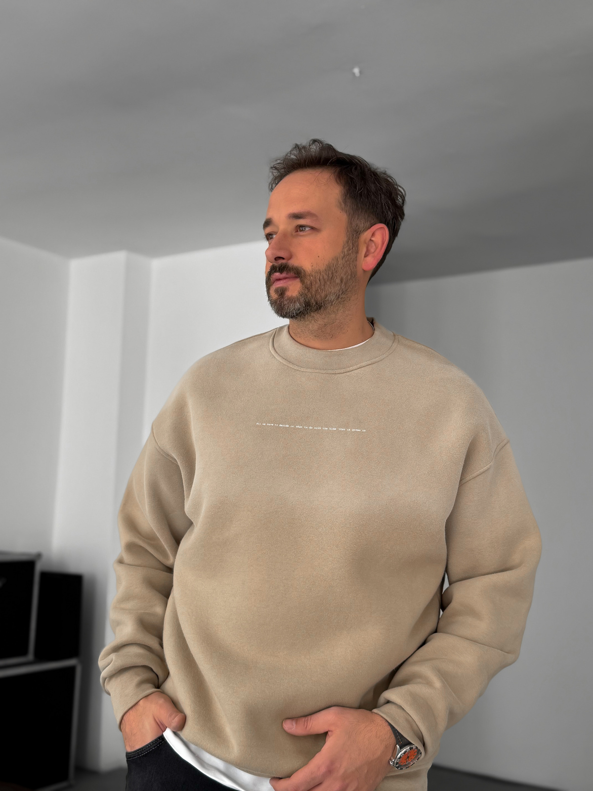 Bej Decide Baskılı Yıkamalı Sweatshirt C-031