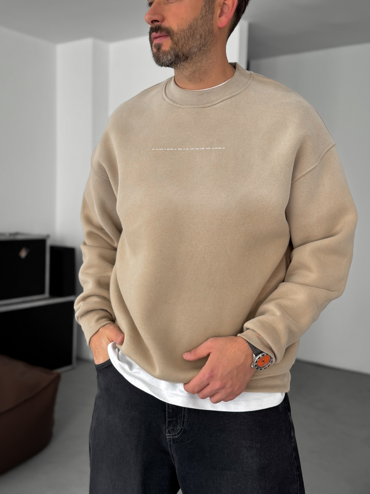 Bej Decide Baskılı Yıkamalı Sweatshirt C-031