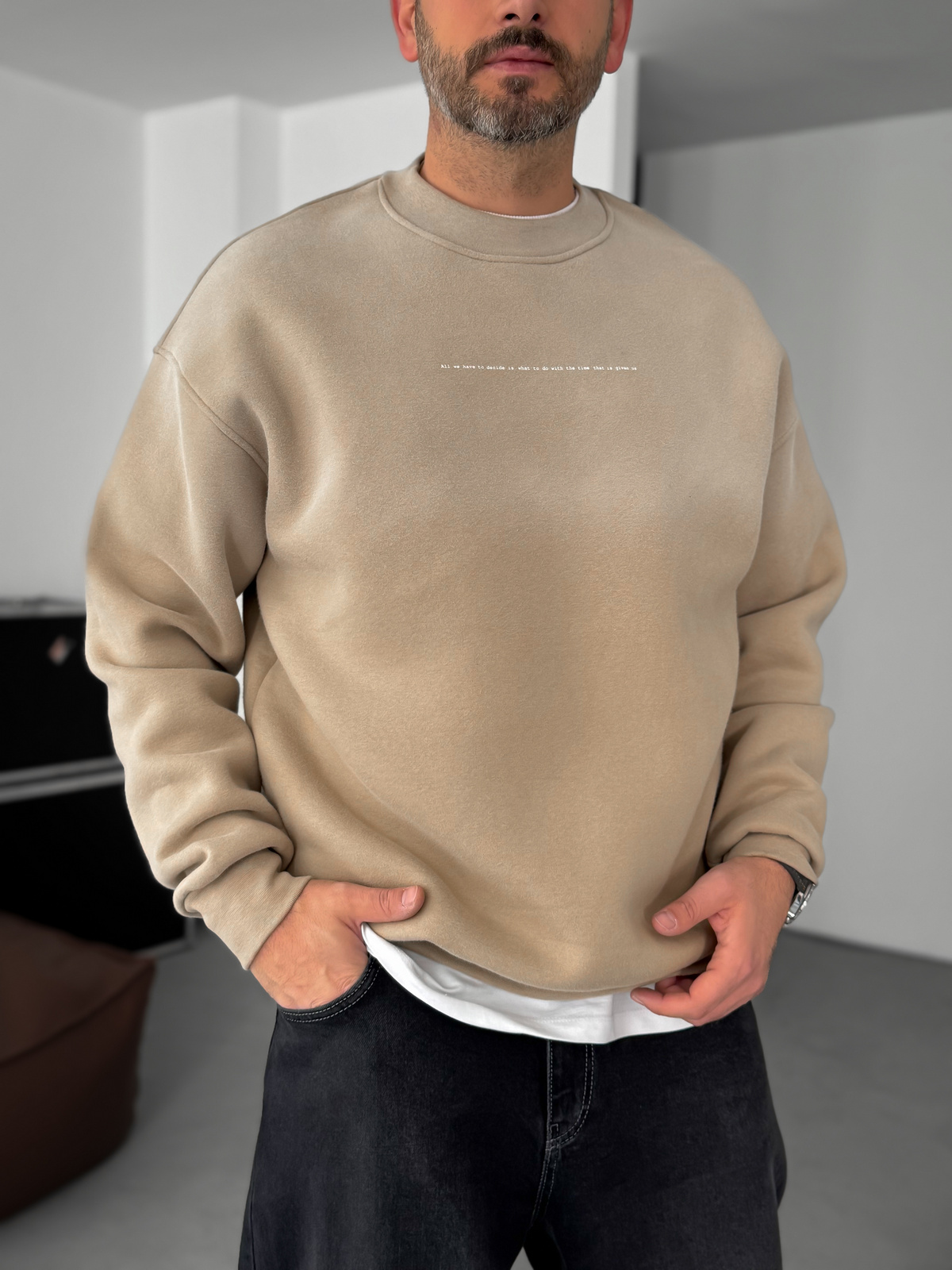 Bej Decide Baskılı Yıkamalı Sweatshirt C-031