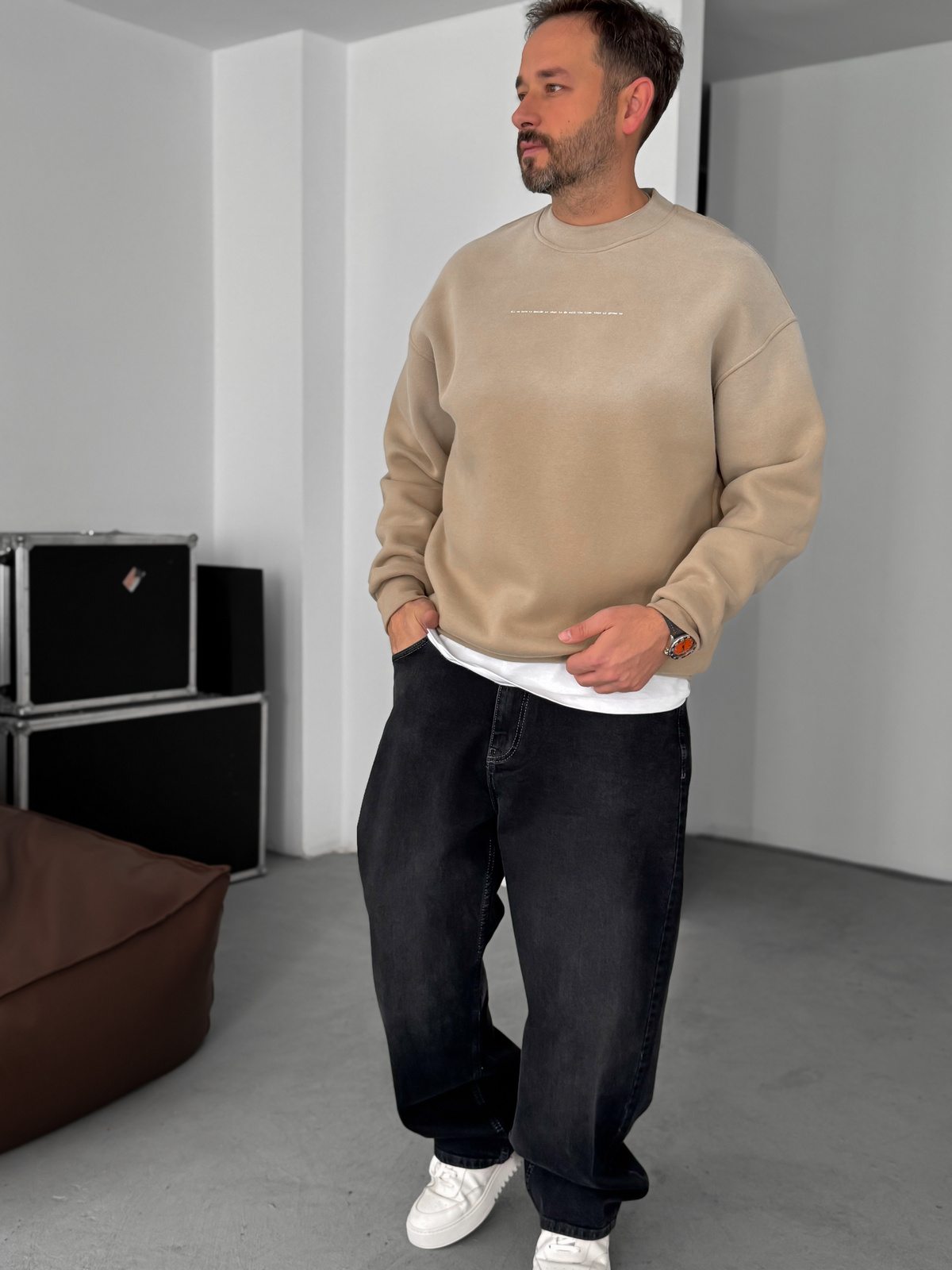 Bej Decide Baskılı Yıkamalı Sweatshirt C-031