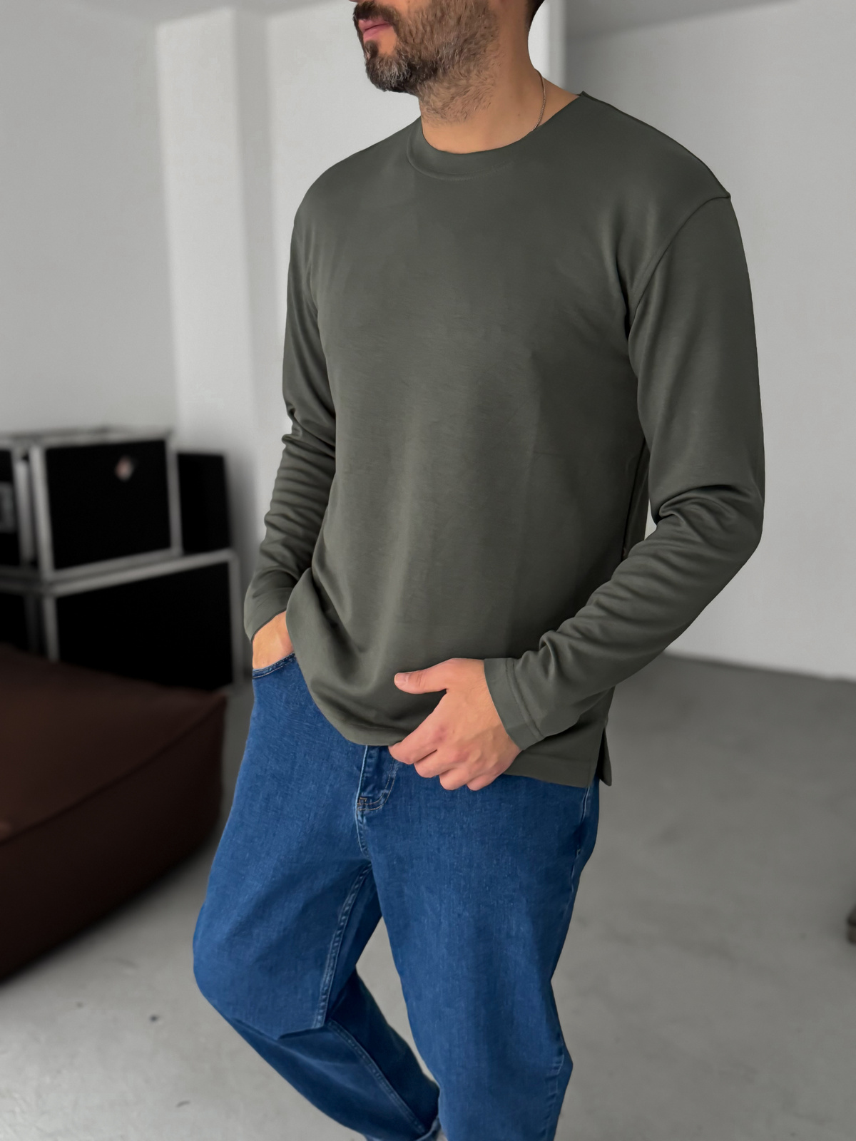 Haki Modal Kumaş Likralı Slim Fit Sweatshirt BY-725