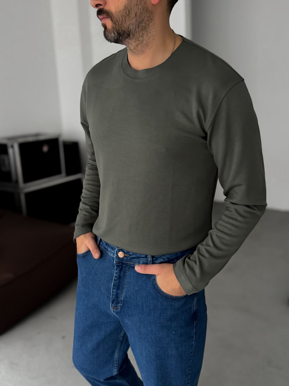 Haki Modal Kumaş Likralı Slim Fit Sweatshirt BY-725