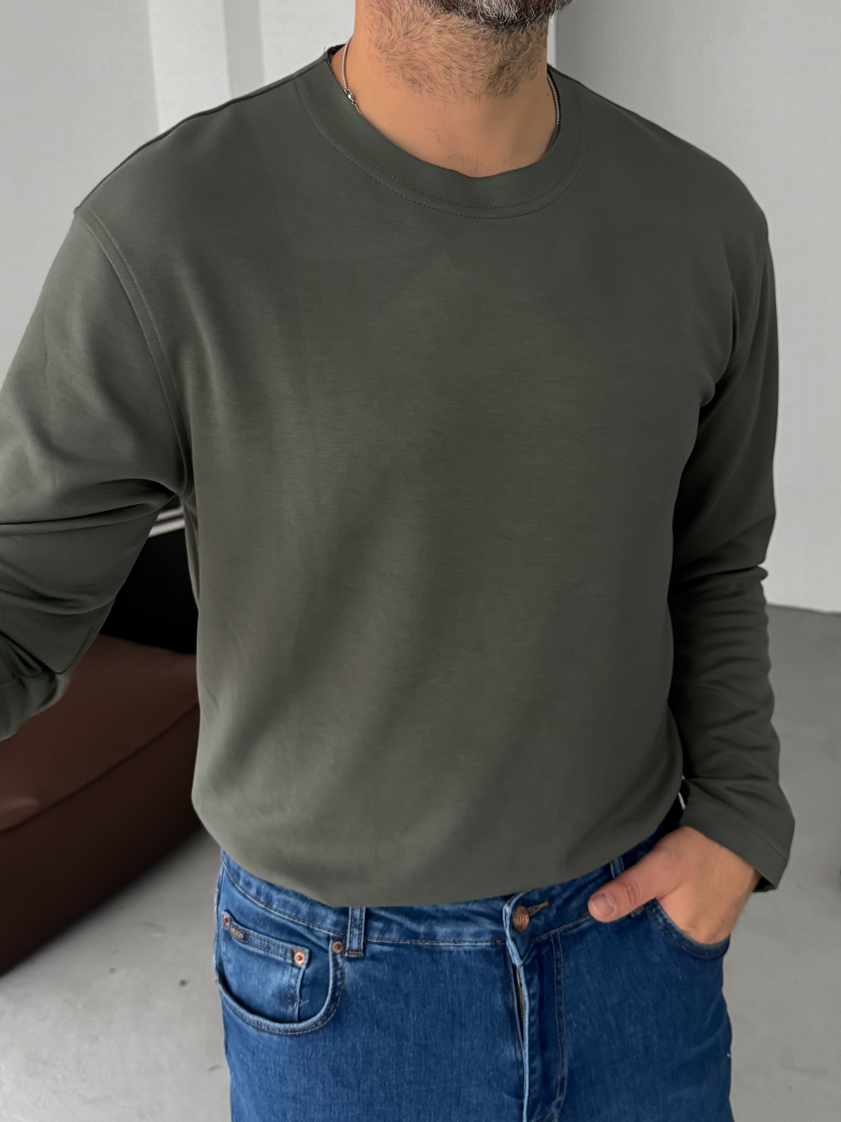 Haki Modal Kumaş Likralı Slim Fit Sweatshirt BY-725