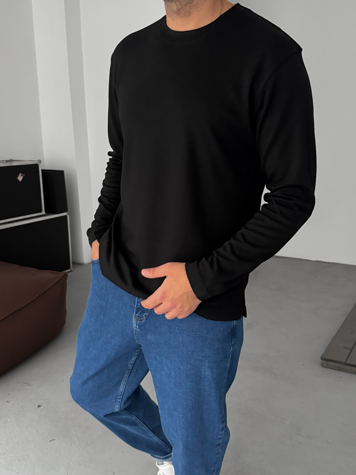 Siyah Modal Kumaş Likralı Slim Fit Sweatshirt BY-725