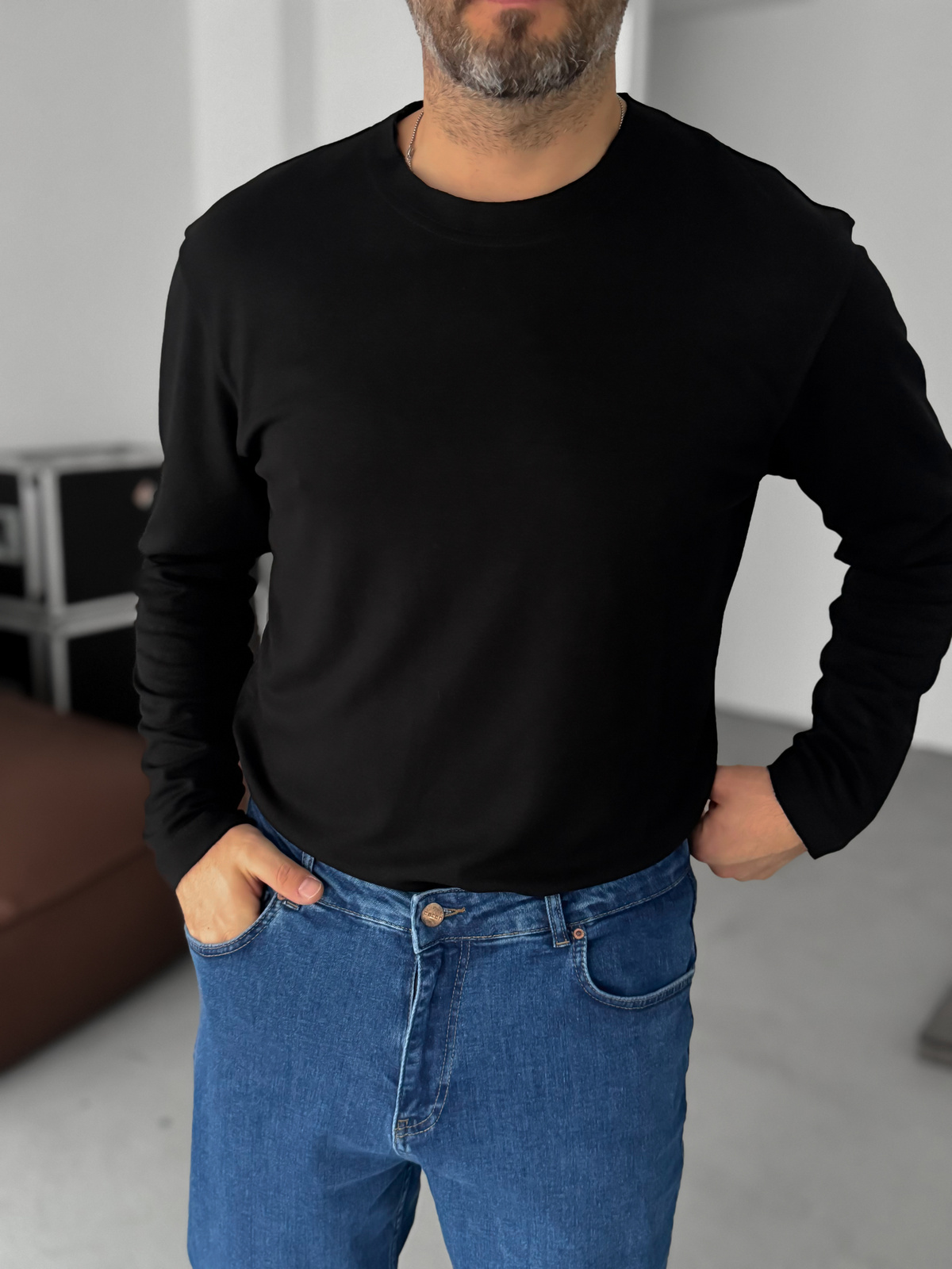Siyah Modal Kumaş Likralı Slim Fit Sweatshirt BY-725